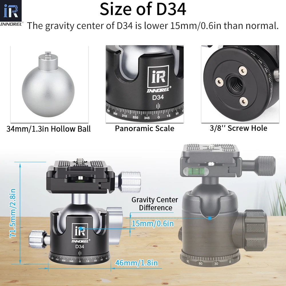 INNOREL Professional Tripod Ball Head Low Gravity Center 360 Panoramic CNC 28mm/34mm Ball for Tripod monopod Load 10kg/15kg