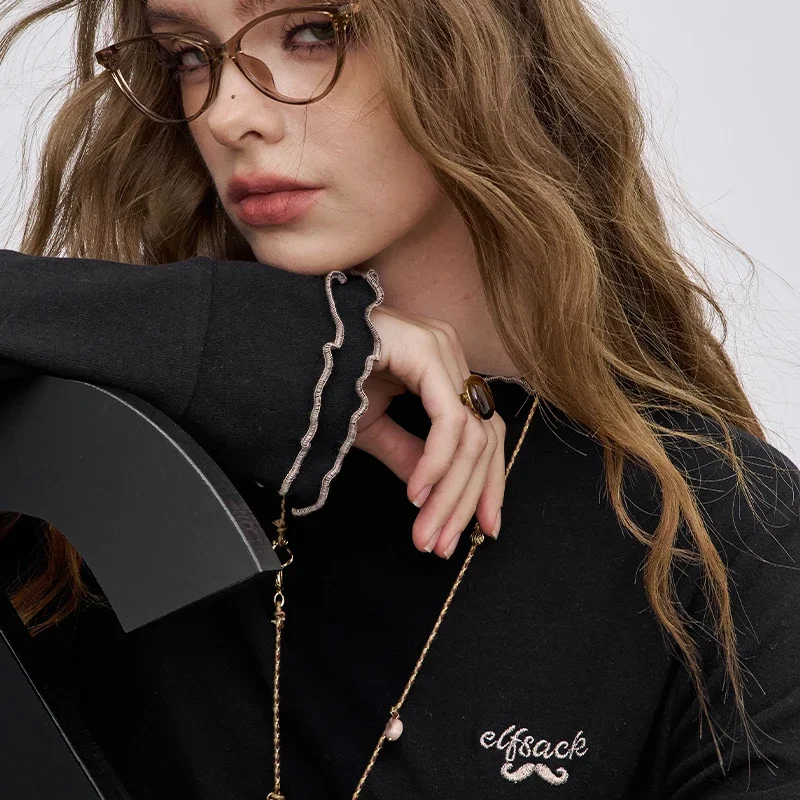 ELFSACK Casual Animal Embroidered Flounce Sleeve Long Sleeve Half Neck T-shirt For Woman