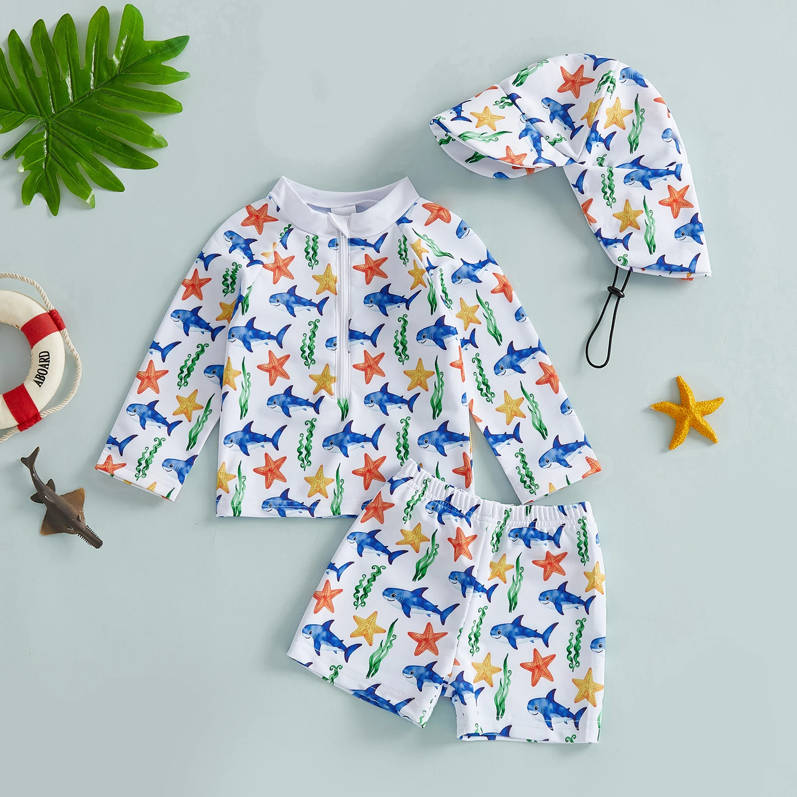 0-3Y طفل رضيع الفتيان طفح الحرس المايوه 3 قطعة مجموعة طباعة زمم طويلة الأكمام ملابس السباحة القمم السراويل وقبعة #6