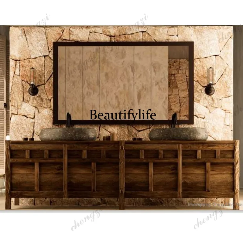 Medieval style bathroom cabinet natural stone platform basin log old wood hand washing cabinet B & B villa model