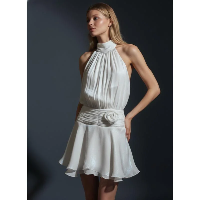 

Women's Summer Sexy Halter Neck Backless Mini Dress 3D Flower Ruched Waist Ruffled Hem For Banquet Bridal Shower Party Date Wear