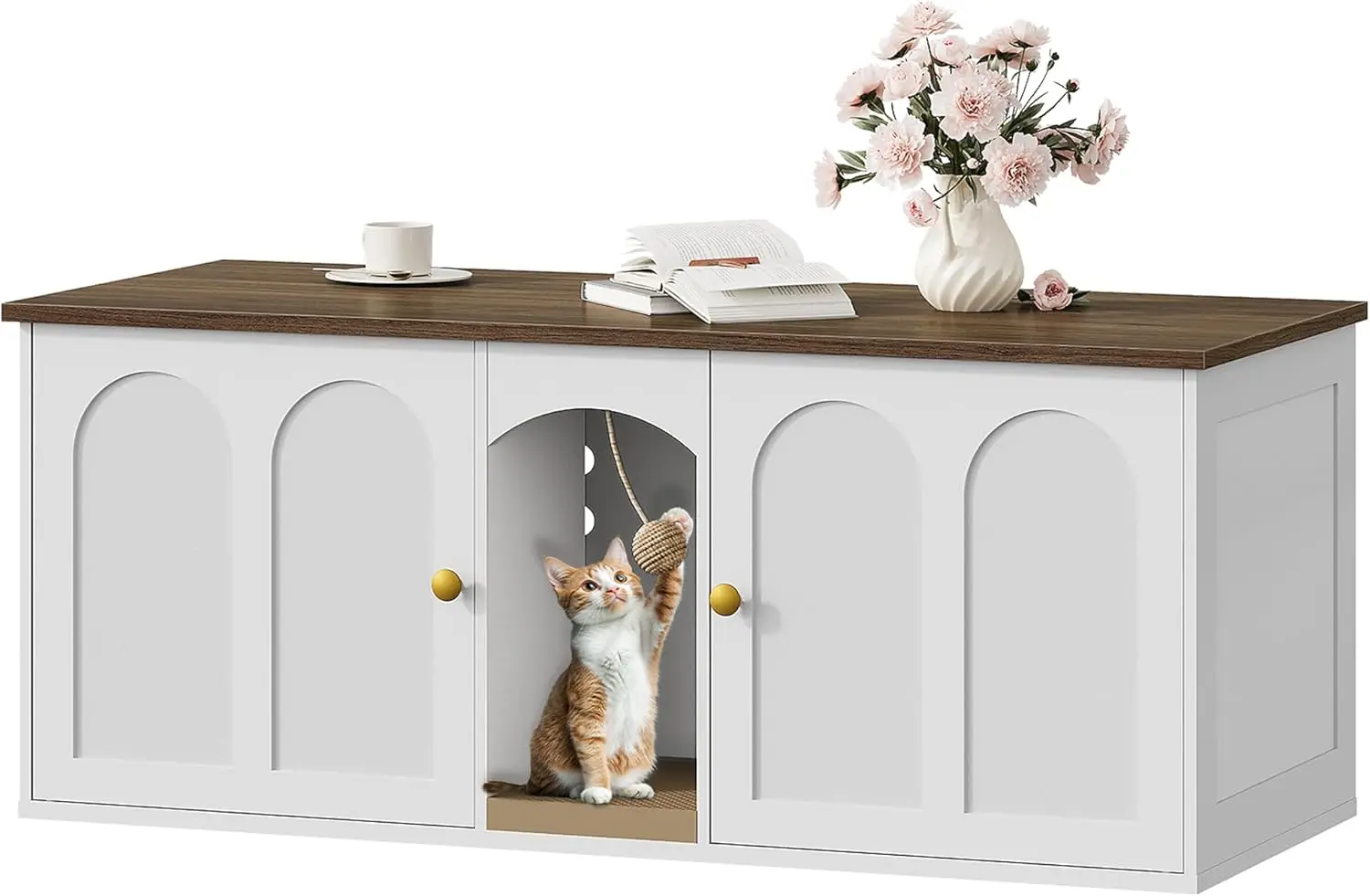 

47.2'' Double Cat Litter Box Enclosure with Scratching Board and Toy Ball, White Walnut Furniture for Two Cats
