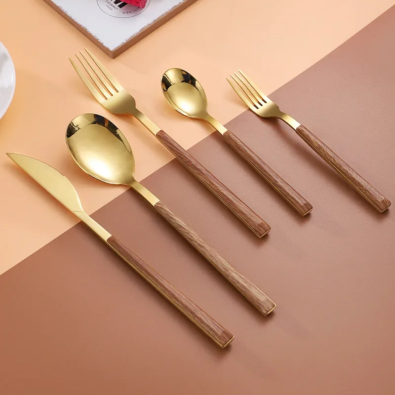 Stainless steel tableware household long handle knife fork spoon Western tableware dessert wooden handle small spoon dinnerware