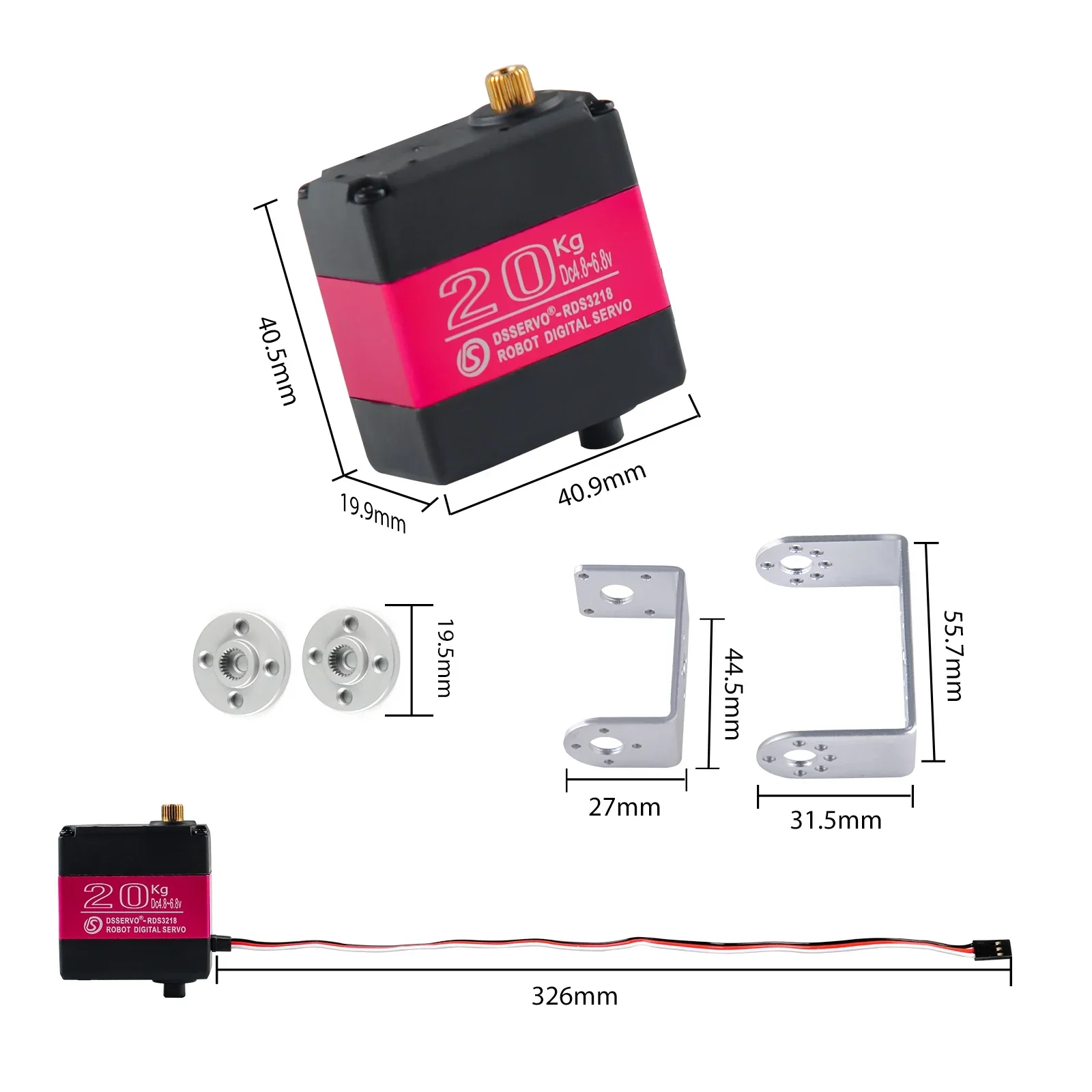 Rds3218 servo robô digital de eixo duplo, 20kg, com suporte em u, ângulo ajustável, ip66, engrenagem de metal à prova d'água para robôs de controle remoto
