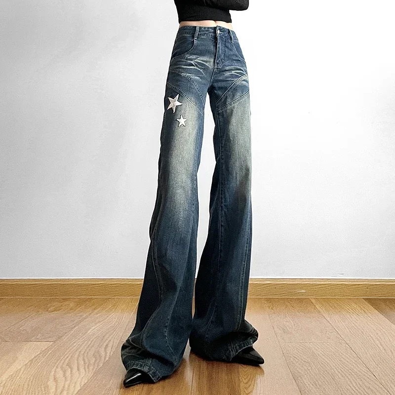 Millennium Style Star Patch Embroidered Split Distressed Jeans for Women's Loose and Slightly Flared Long Pants