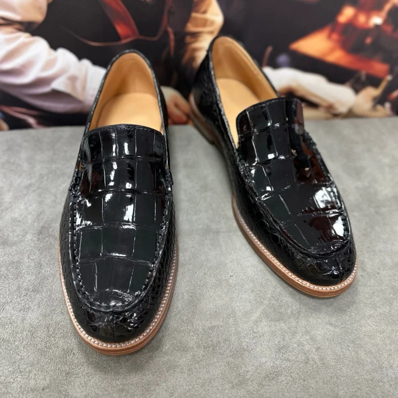 Authentic Real Crocodile Skin Glossy Black Men's Classic Dress Loafers Genuine Leather Business Casual Male Slip-on Dress Shoes