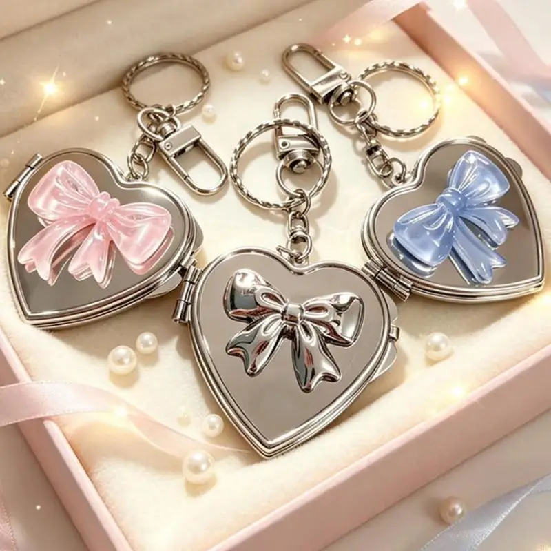 195C Heart Compact Mirror Keychain Charm with Front Accent, Portable Bag Accessory, and Quick On-the-Go Mirror Checks