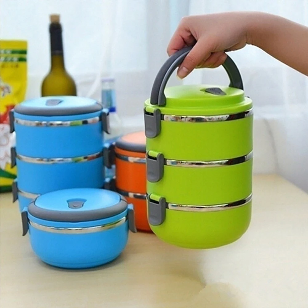 

E2 3Layer Stackable Lunch Box Stainless Steel Airtight Insulated Food Storage Container Leakproof Handle Portable Kids Lunch Box