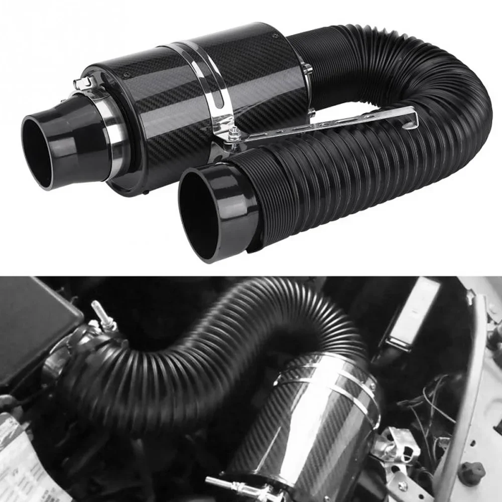 Universal Car Cold Air Intake Filter Kit 76mm Feed Enclosed Air Intake Induction Pipe Carbon Fibre Hose Kit Bellows Intake Hose