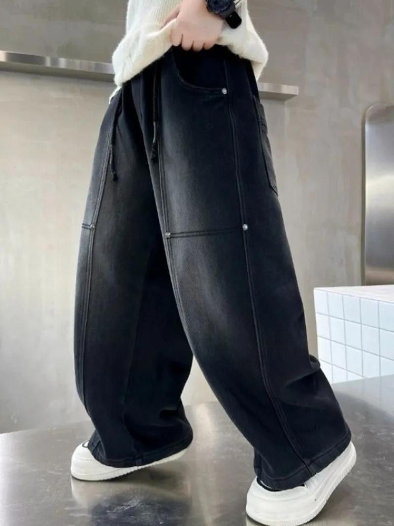 Autumn Winter Loose Denim Pants for Toddler & Boys 8-14 Years New Boys Winter Fleece-Lined Thickened Casual Straight-Leg Jeans