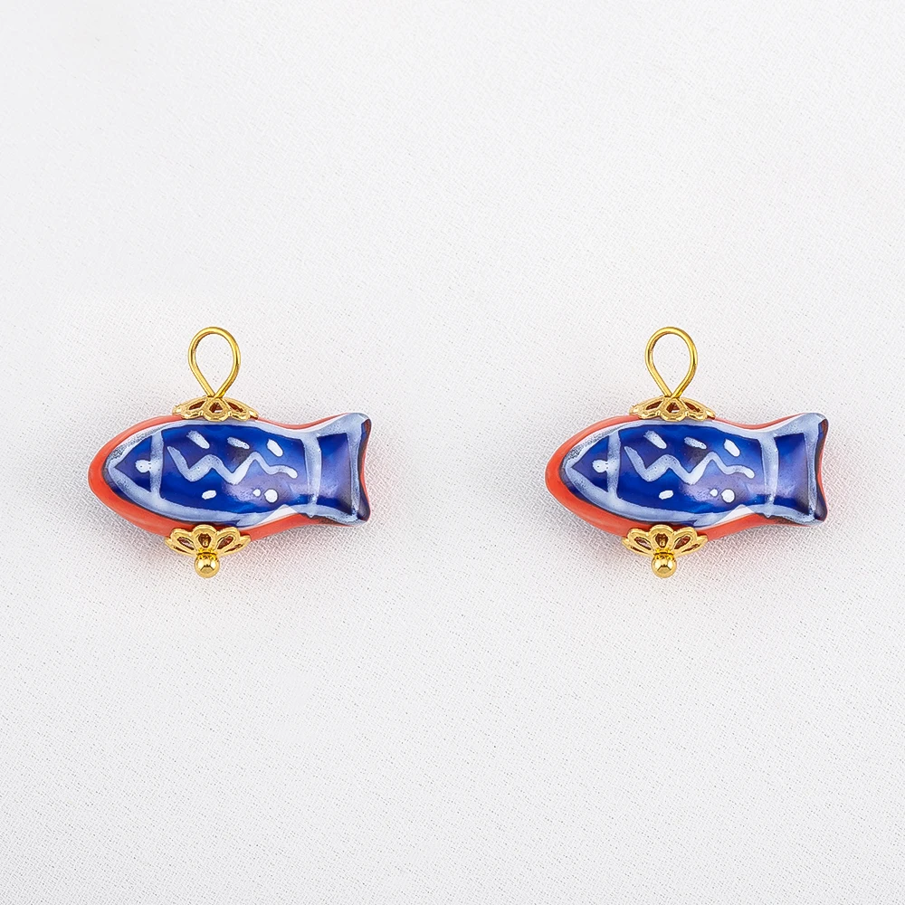 

2pcs 304 Stainless Steel Hand-Painted Fish Pattern Ceramic Bead Pendants For DIY Necklace Keychain Charms Jewelry Accessories