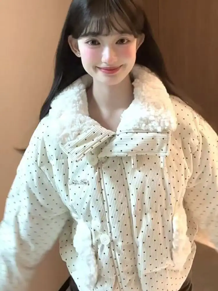 Korean design polka dot clothes fur collar sweet winter new thickened loose  jacket bread short cotton-padded clothes