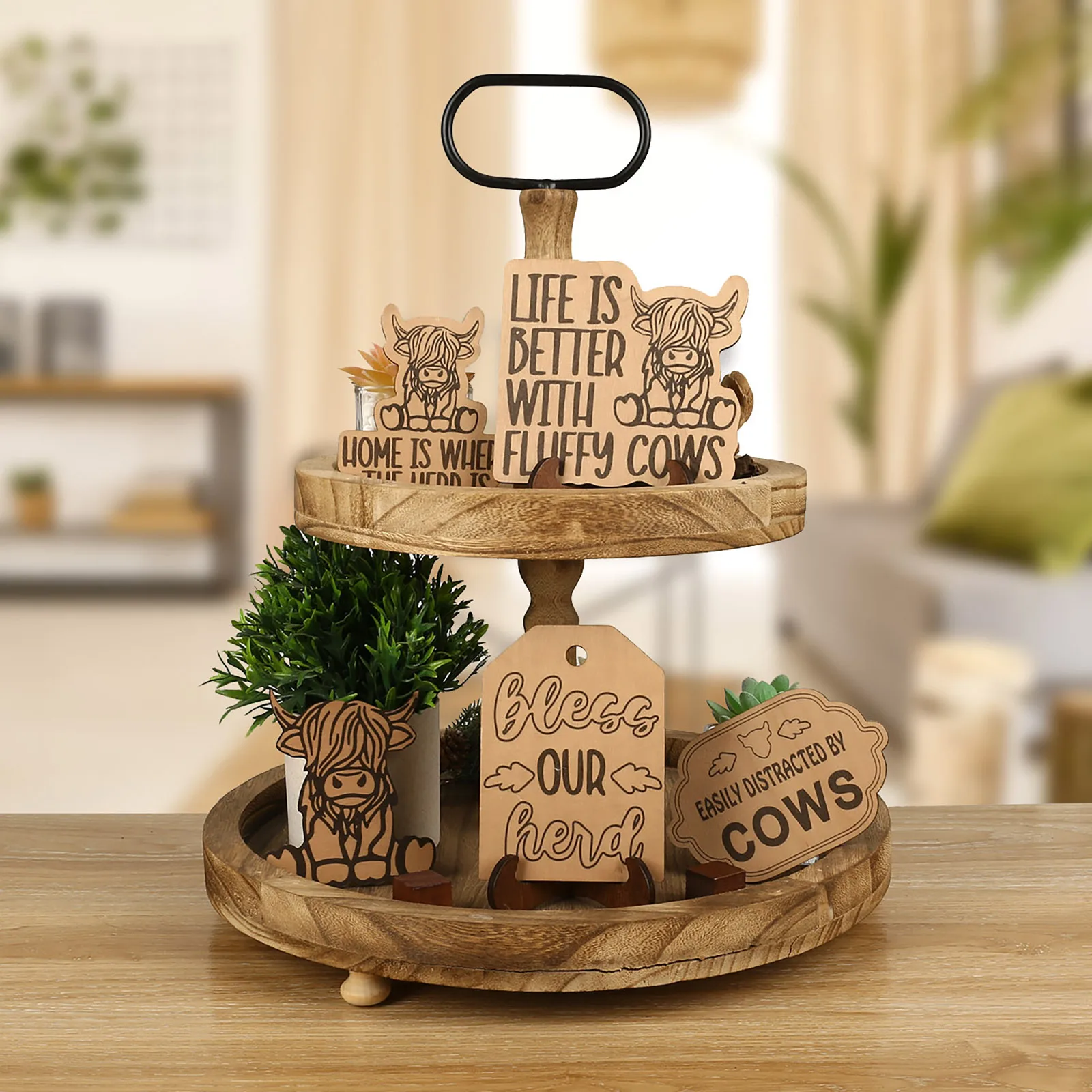 Highland Cow Tiered Tray Ornaments Bless Our Cows Wooden Sign Decorative Ornaments For Farmhouse Tabletop Decoration 1 Set