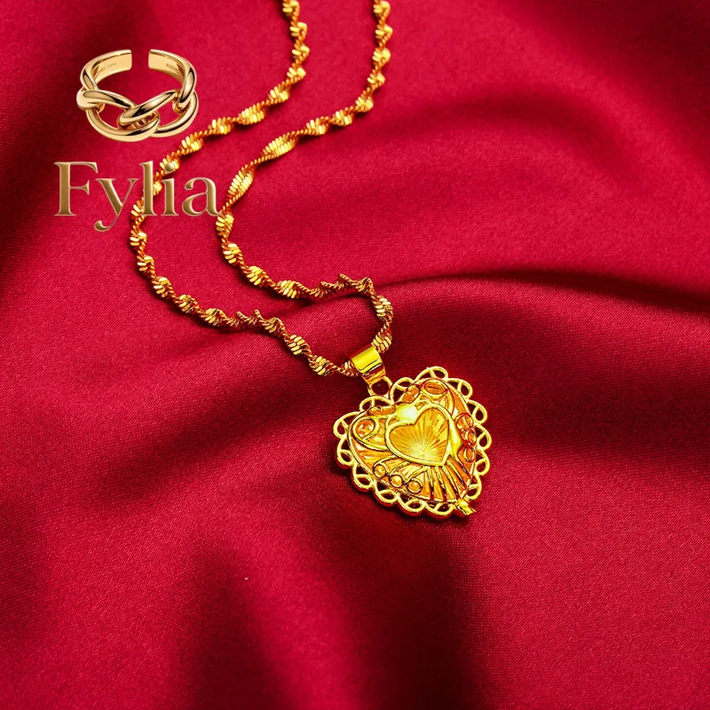 

Fylia Jewelry Fylia Jewelry Heart Hollow Necklace for Women, 24K Gold, AU999 | Layered hollow hearts with tassels and diamond