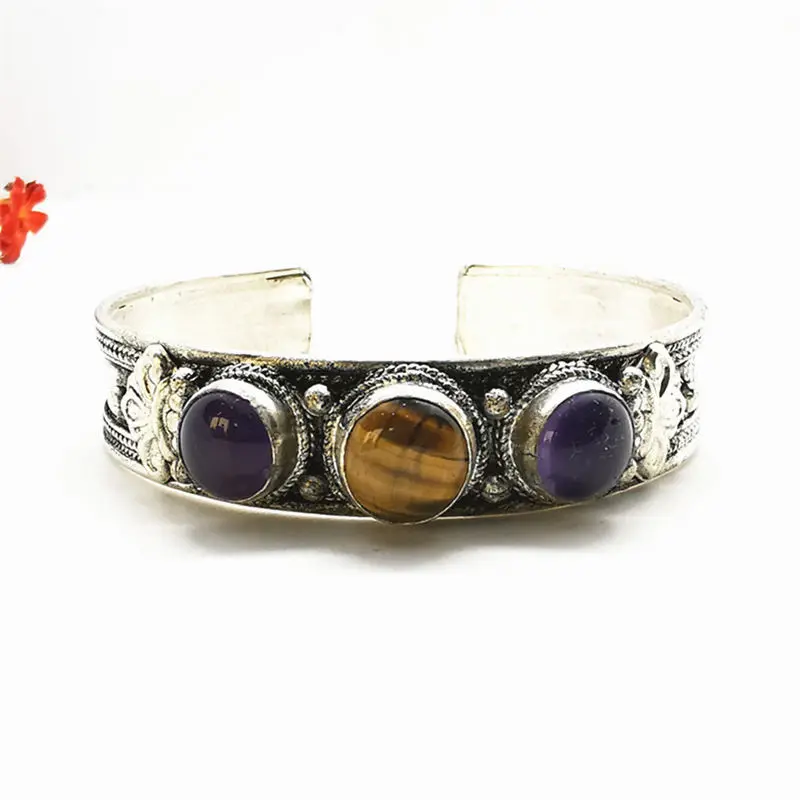 Tibetan inlaid Multi Stone Beads Open Cuff Bangles Black Agates Tiger Eye Labradorite Nepal Vintage Jewelry BB-116