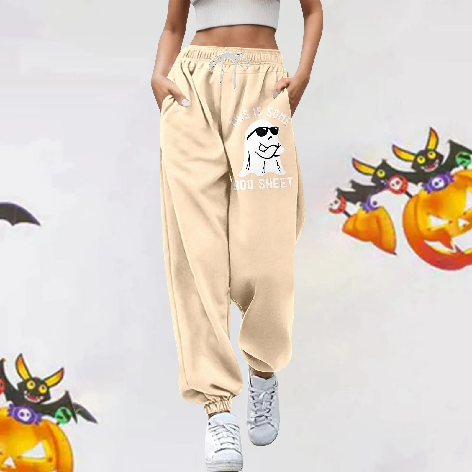 

Women Fashion Trousers Pumpkin Halloween Suitable Print Bottom Sweatpants Pockets High Waist Sporty Gym Athletic Fit Jogger