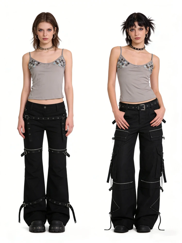 レディース ボタン飾り キャミトップ スリムフィット スパゲッティストラップ クロップタンクトップ Y2K エステティック ゴシック ストリートウェア カジュアル サマー エモ ベスト