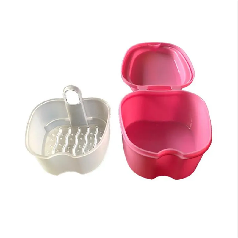 New Denture Bath Box Cleaning Teeth Case Dental False Teeth Storage Box with Hanging Net Container Denture Boxs Retainer Braces