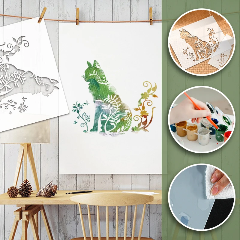 NUBECOM 1pc Cat Flower Painting Templates DIY Animal Patterns Graffiti Stencils Reusable Cat Pattern Decorating Craft Template