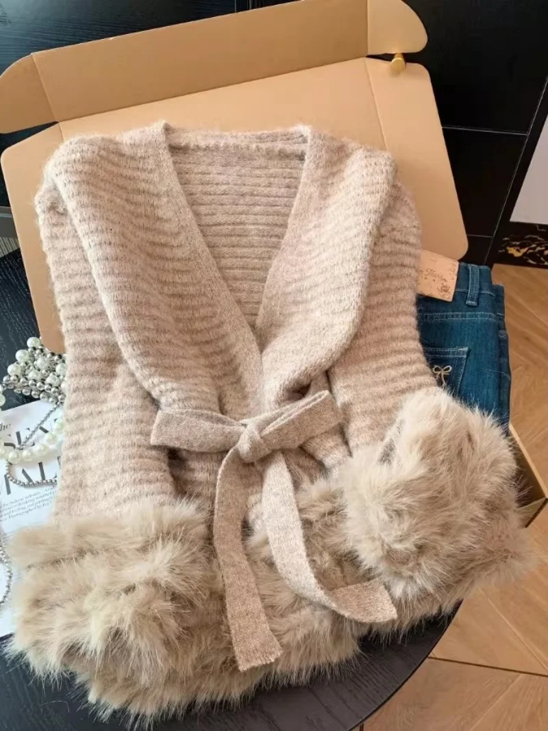 

Женский плюшевый вязаный кардиган во французском стиле | Куртка с V-образным вырезом и завязкой на талии | Весенне-осенние топы с длинными рукавами | Новая коллекция W