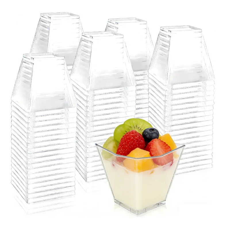 50/100pcs Transparent Dessert Cup Mini Square Plastic Dessert Cups for Birthday Party Fruit and Ice Cream Plastic Food Container