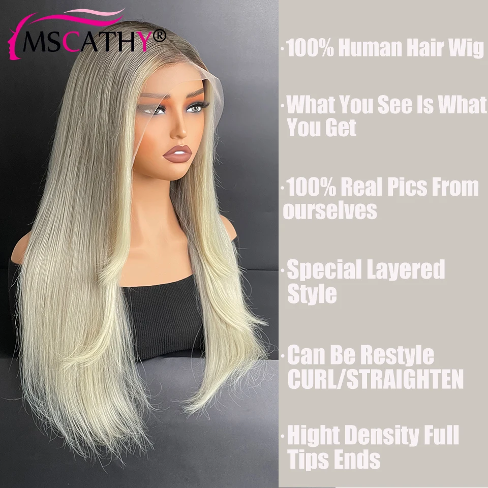 Glueless Ashy Blonde Virgin Human Hair Wigs Beige Ombre Hightlight Layered Style Lace Frontal Wig Balayage Transparent Lace Wigs