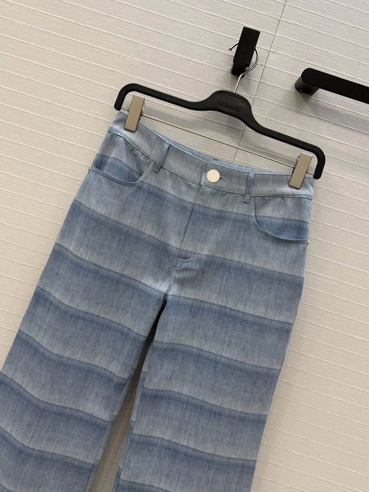 

Autumn winter New style Fashion Middle waist Wide-leg pants Jeans Woman Wash with water blue Stripes Pattern Fashion Jeans