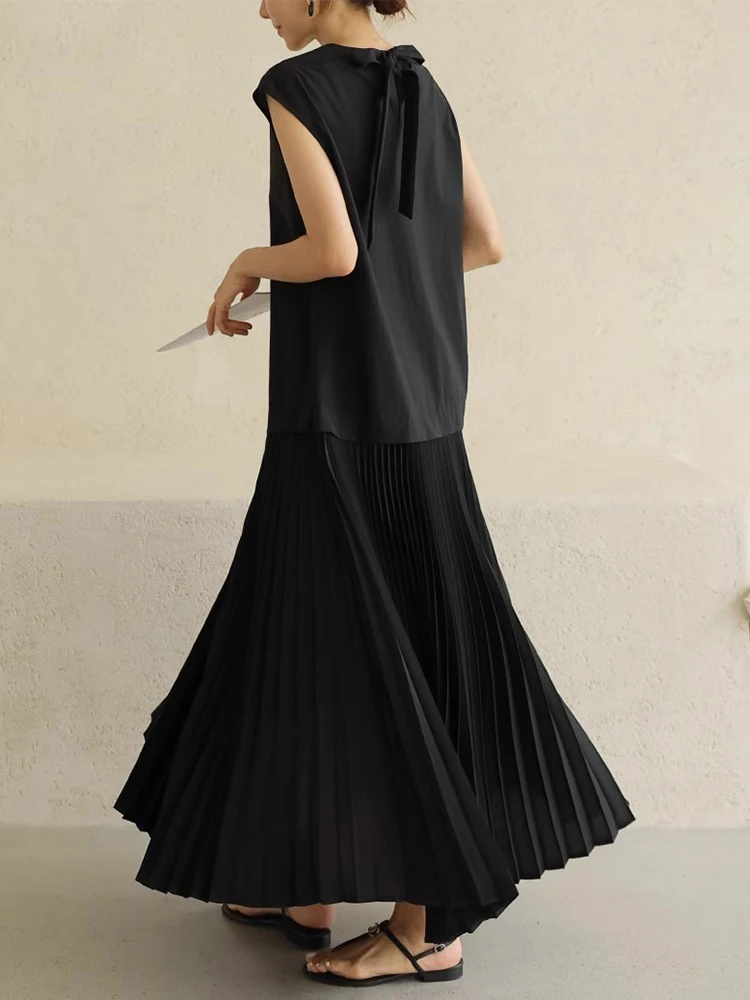 Spliced Pleated Dress For Women Black Lace Up Design Casual Minimalist Female Fashion Dresses 2024 Summer New