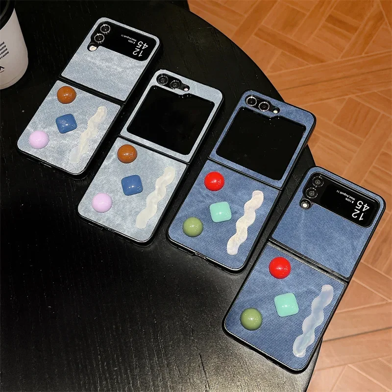 

Denim Fabric Colored Gemstones Phone Case for Samsung Galaxy Z Flip 4 Z Flip 5 Hard PC Back Cover for ZFlip4 ZFlip5 Case Shell