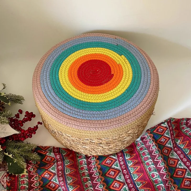 Creative Rainbow Cotton Rope Low Stool Straw Tatami Cushion Thickened Foam Tea Room Cushion Living Room Coffee Table Stool