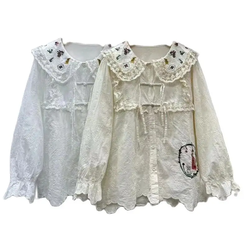 New Autumn Cotton Long Sleeve Shirt, Women Peter Pan Collar Embroidery Top, Mori Girl Retro Sweet Loose Blouses, Winter T48834QC