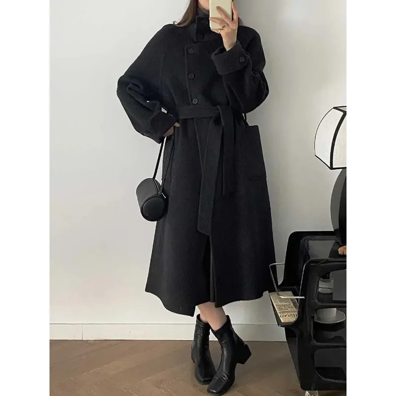 

Women's Korean Standing Collar Double-Sided Woolen Coat Winter Warm Australian Wool Long Style Temperament Cashmere Coat