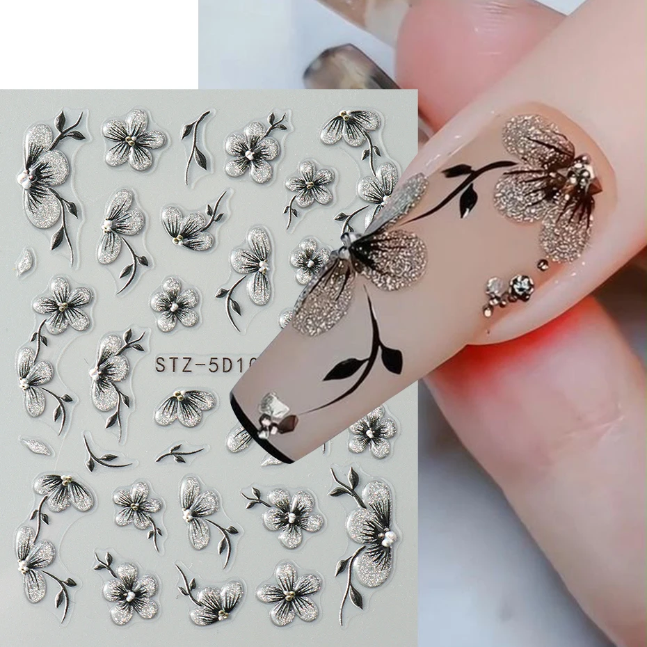 5d em relevo preto glitter flor arte do prego adesivos florescendo design floral decalques de unhas auto-adesivo silder diy manicure suprimentos