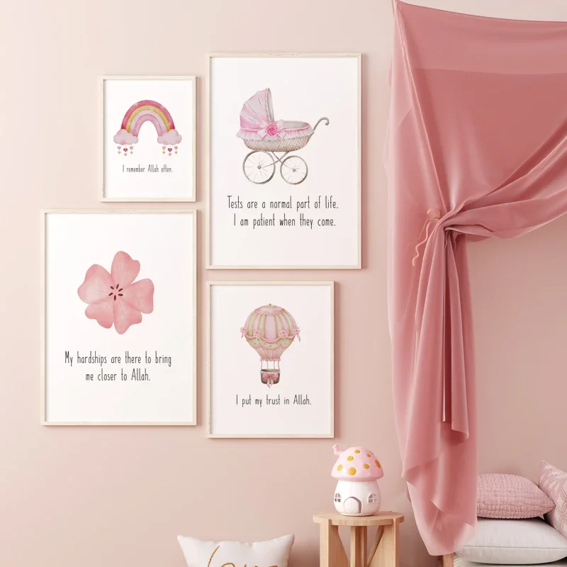 

Islamic Muslim Allah Pink Nursery Girls Rainbow Poster Children Wall Art Canvas Painting Printable Prints Baby Kids Room Decor