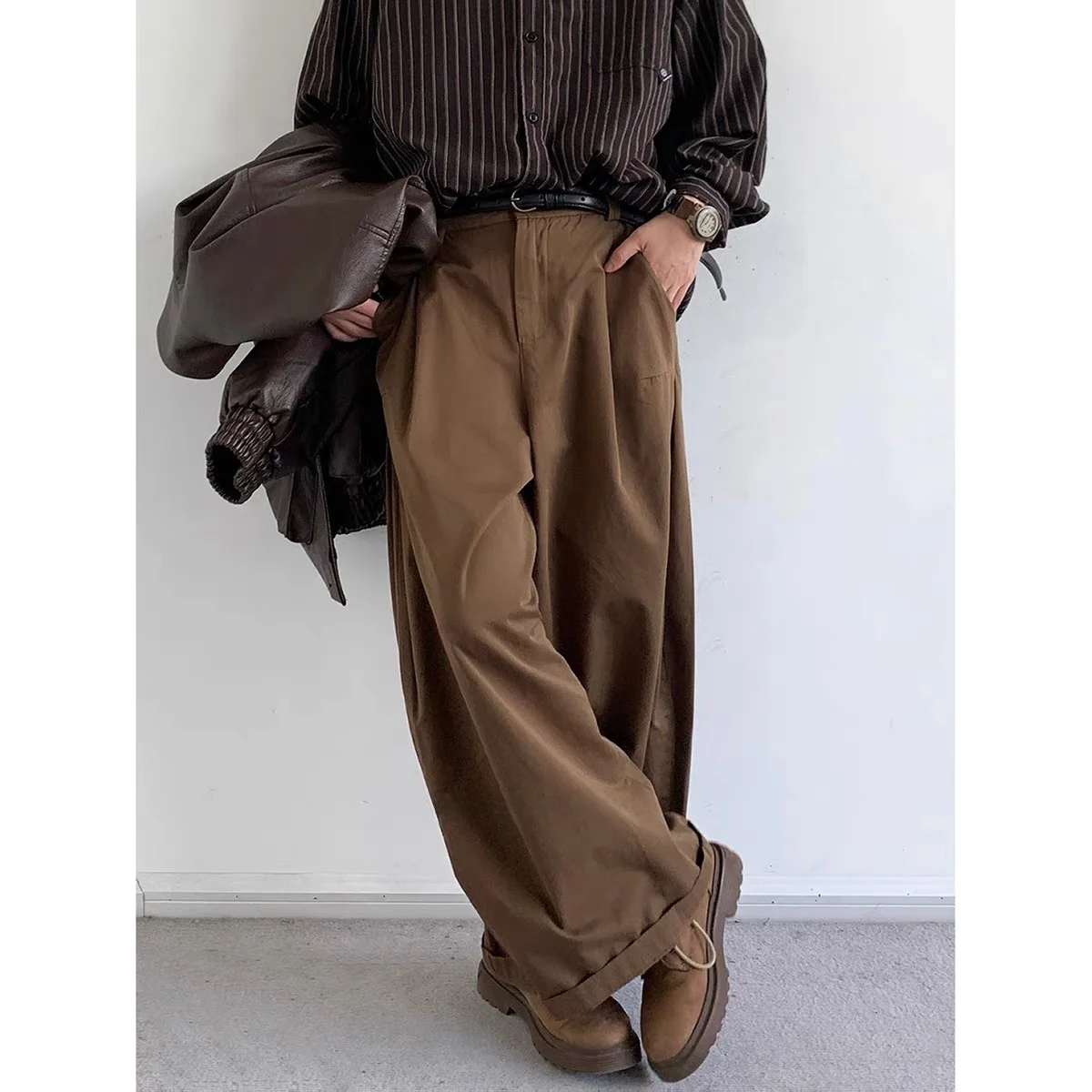

Retro Japanese Sle Men's And Women's Casual Loose Long Pants Dra Versatile Neutral Sle Workwear INS Boyfriend Sle