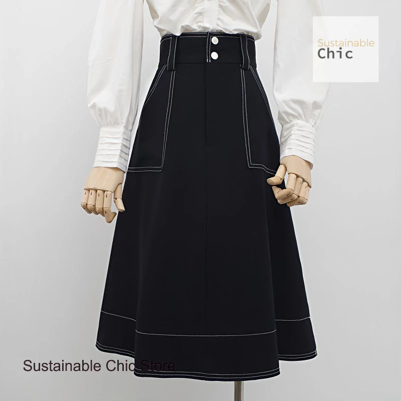 

French style black plus size high waist long A-word skirt women's spring and autumn new Joker big swing skirt umbrella skirt