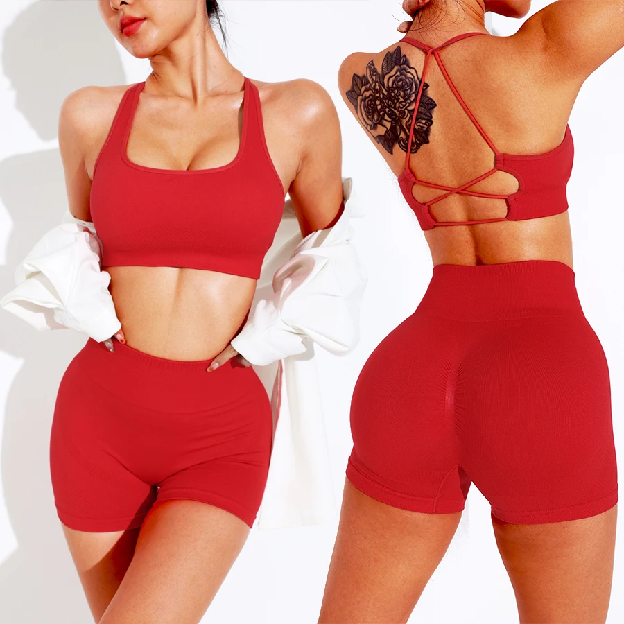 

Yoga Sports Bra Shorts Sets Sportswear Woman Gym High Waisted Seamless Workout Shorts Leggings w/Tummy Control Women's Tracksuit