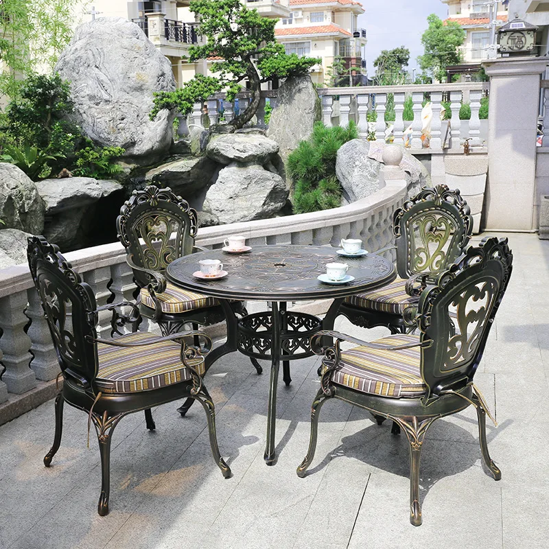 

Source manufacturer cast aluminum tables and chairs five-piece outdoor furniture pure aluminum die-casting process seat hollow
