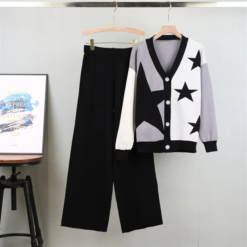 Two Piece Set Women Outfits Print Cardigan Single Breasted V Neck Knitted Sweater Coat Wide Leg Pants Suit Knitting Tracksuit