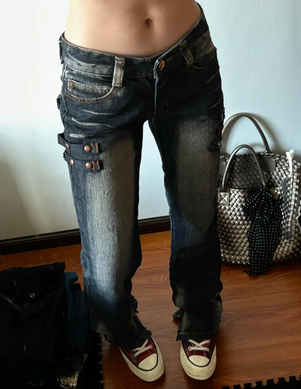 Women's Low Rise Jeans Harajuku Japanese Denim Pants Y2k Skinny Jean Bootcut Jeans High Street Retro Grunge Cyber Punk w90