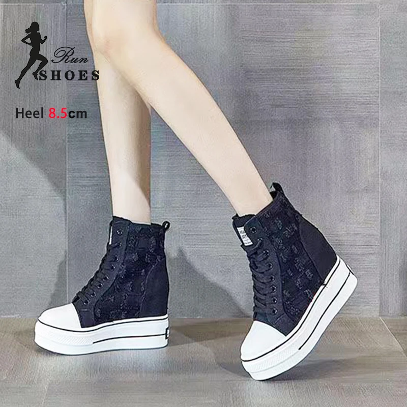 Women's Thick Sole Sneakers Summer Autumn White Lace-up Casual Shoes 2024 Female Increase Height Breathable Mesh Canvas Shoes image 5