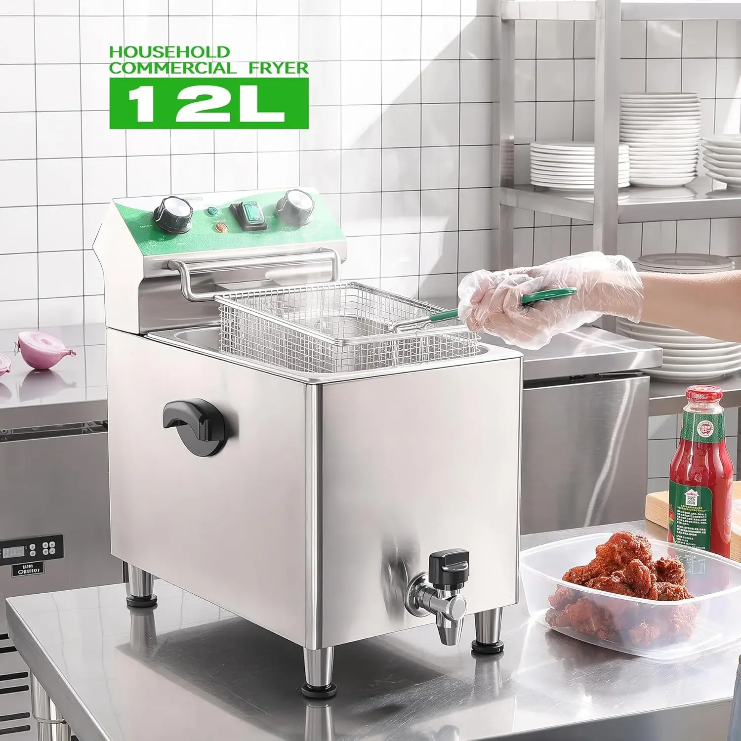 バスケットと蓋付きの電気カウンターフライヤー,市販,油ろ過とタイマー,ステンレス鋼,シングル,12l,12.7qt