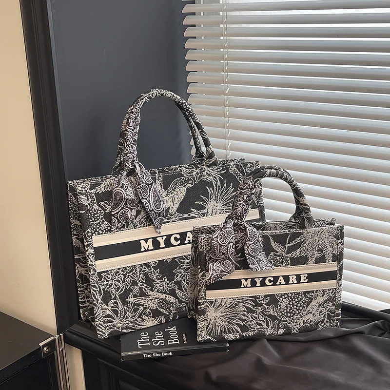 

​2025 New Embroidered Tote Bag for Women, Scarf Print Large Capacity Shoulder Bag, Fashion Underarm Shopping Bag, Chic Spacious​