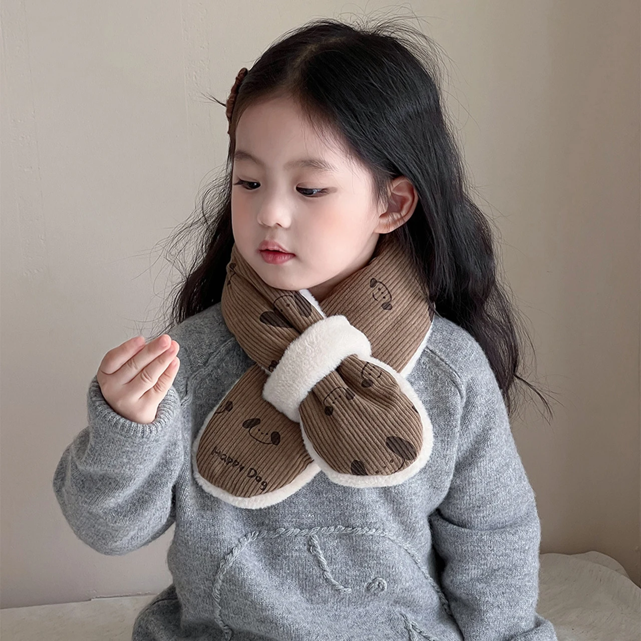 Cartoon Cute Puppy Print Baby Gloves Soft Plush Corduroy Anti-Cold Winter Warm Cross Neckerchief Toddler Kids Windproof Gloves