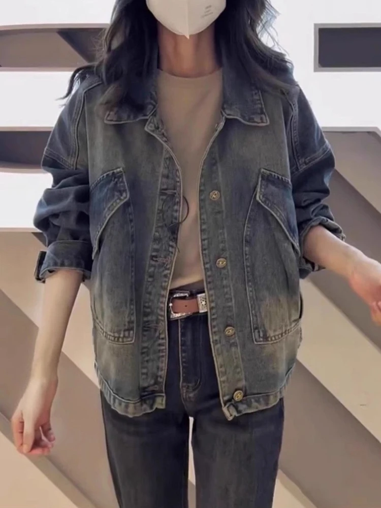 Women Vintage Loose Denim Jacket Spring Autumn Long Sleeve Workwear Coat Casual Trendy Outerwear