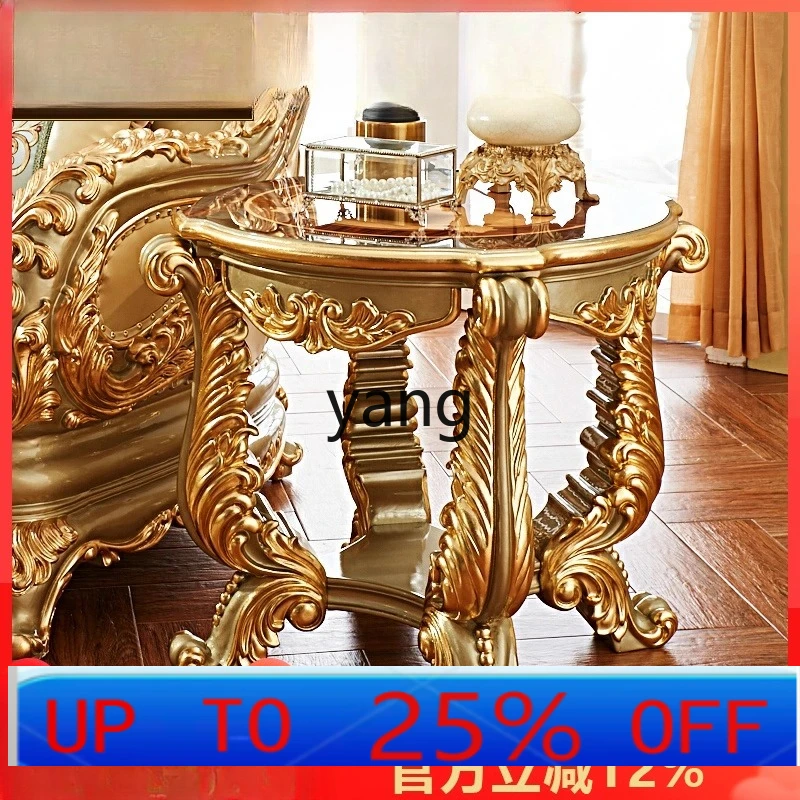 

LH champagne gold full solid wood carving flower drawing gold and silver square table, villa high-end sofa side table