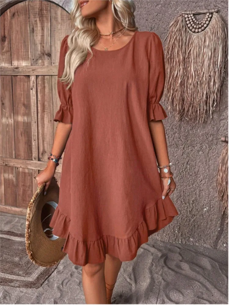 

Women's Solid Midi Dress Summer Short Sleeve O-Neck A-line Dresses Lady Vintage Elegant Loose Vacation Frill Sundress Dress