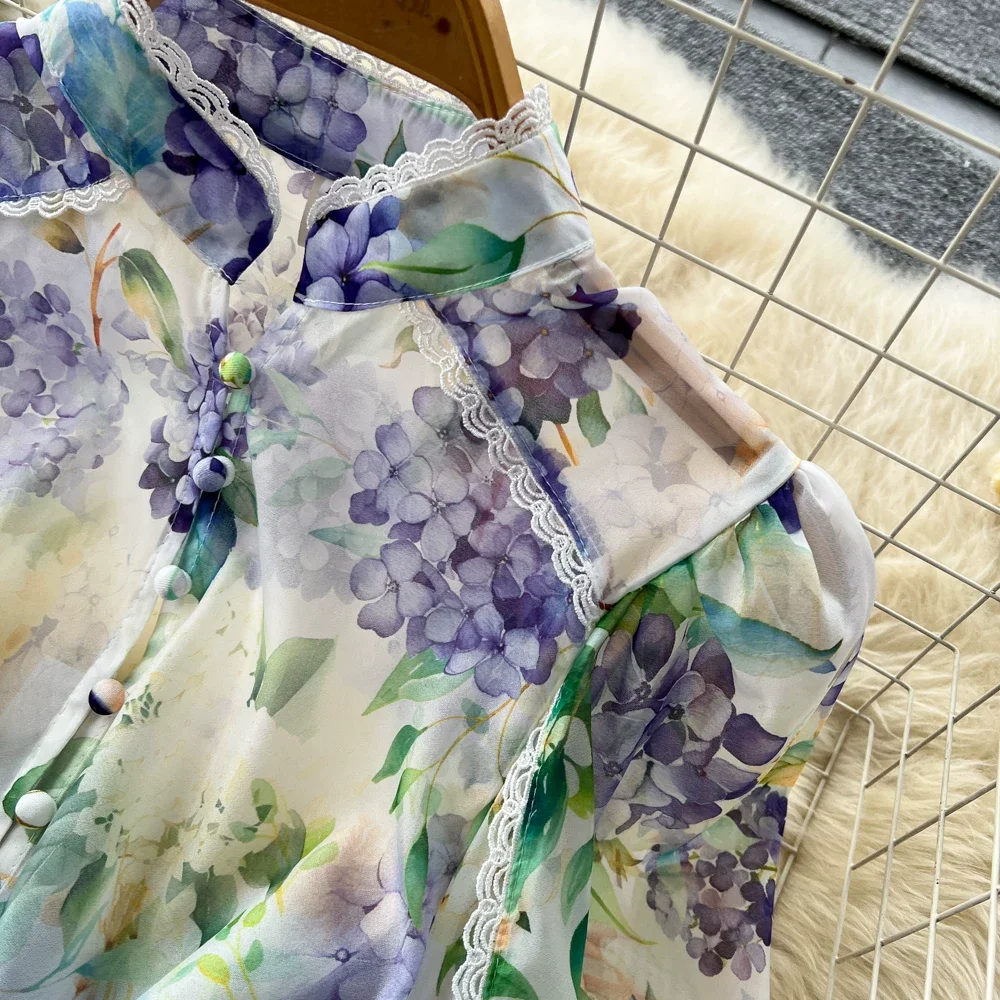 Iridesse 2026 Spring, Oil Paint, Grapes Fruit Print, Lace Trim, Puff Sleeve, High Quality Dress, for Women, Vintage Dress view 2