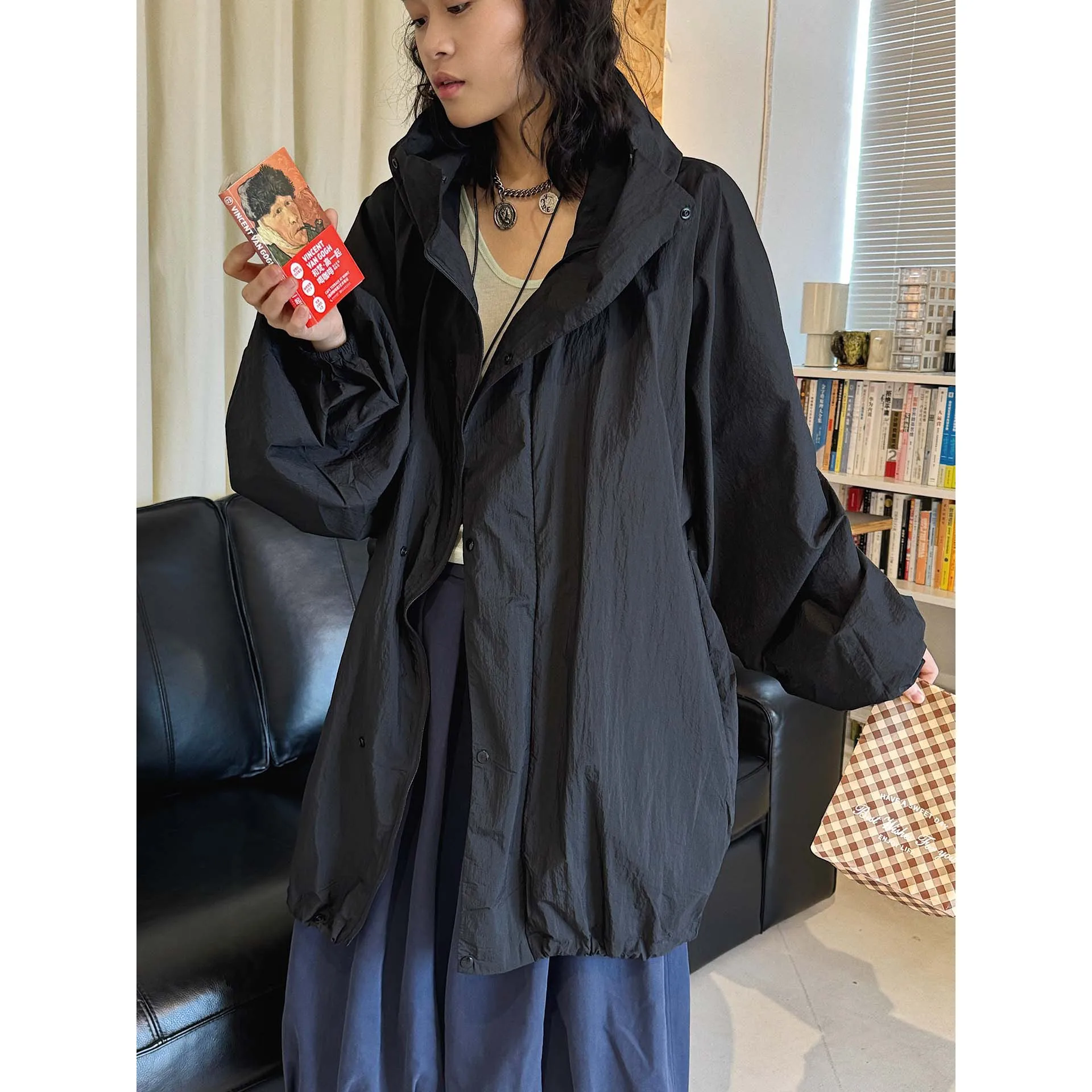 

SuperAen Spring and Summer New Korean-Style Clothing Hooded Jacket Loose Women Black Mid-length Tops