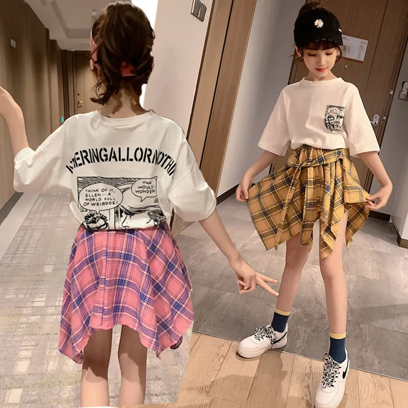 

2023 New Girls Suit Children western style dress short-sleeved summer Two-piece plaid skirt